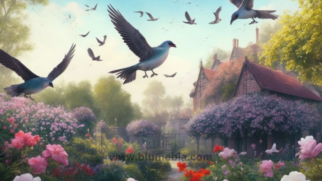 Image of birds flying over a yard