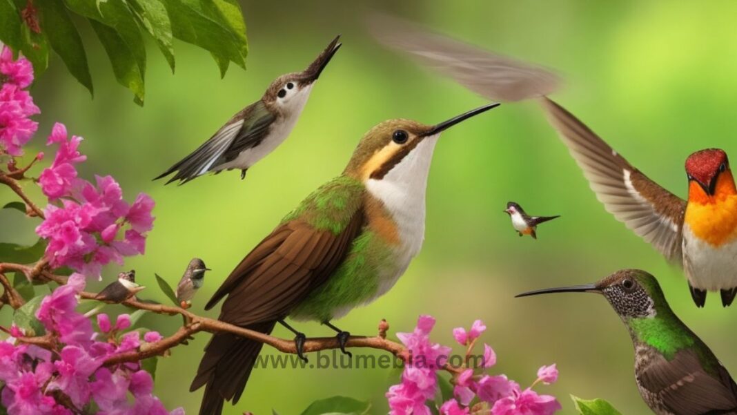 Image of birds and hummingbirds in a garden